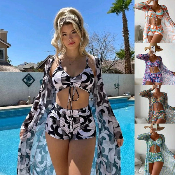 3pcs Pring Bikini With Long Sleeve Cardigan Fashion Summer Beach Swimsuit Women - AccessoryWorldHub