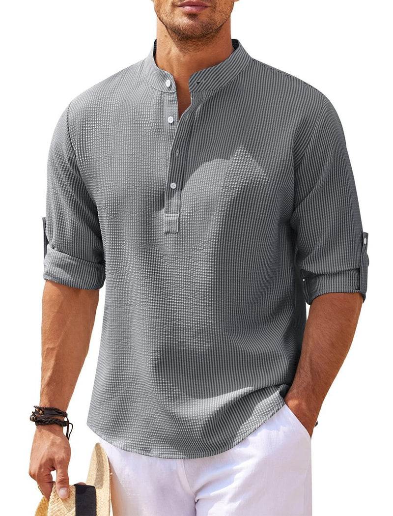 Men's Casual Shirt  Long Sleeve Stand Collar Solid Color Shirt Mens Clothing - AccessoryWorldHub