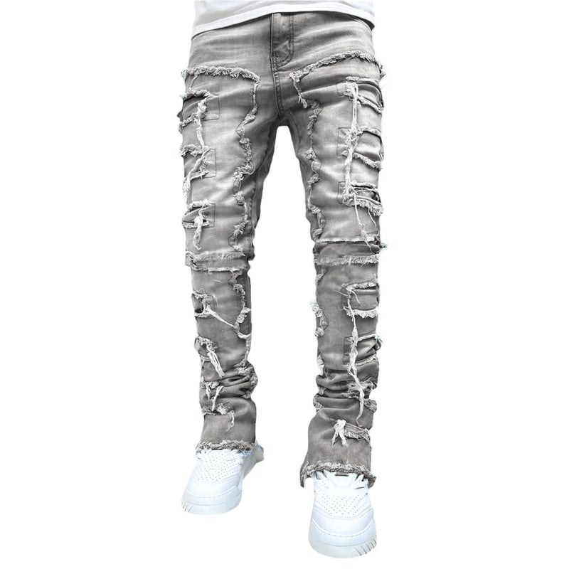 Men Trousers Individual Patched Pants Long Tight Fit Stacked Jeans For Mens Clothing - AccessoryWorldHub