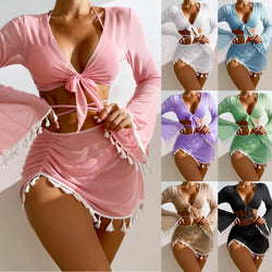 4pcs Solid Color Bikini With Short Skirt And Long Sleeve Cover-up Fashion Bow Tie Fringed Swimsuit Set Summer Beach Womens Clothing - AccessoryWorldHub