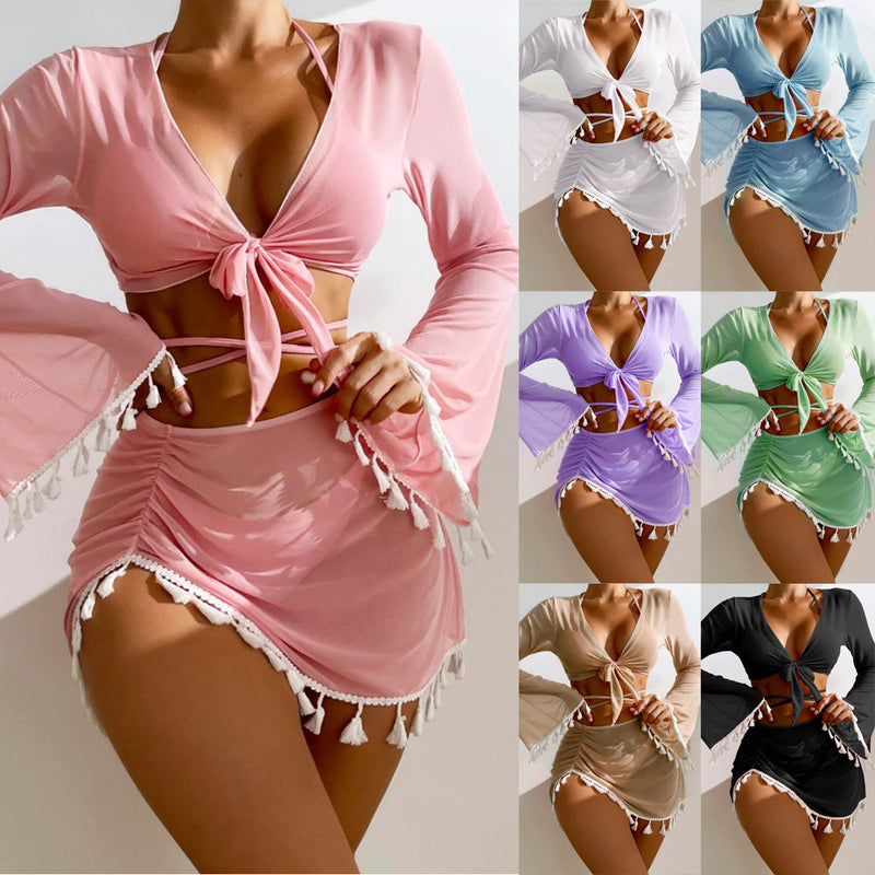 4pcs Solid Color Bikini With Short Skirt And Long Sleeve Cover-up Fashion Bow Tie Fringed Swimsuit Set Summer Beach Womens Clothing - AccessoryWorldHub