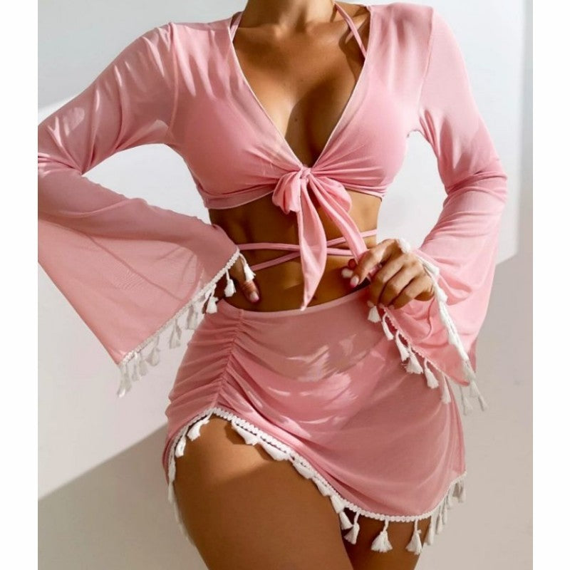 4pcs Solid Color Bikini With Short Skirt And Long Sleeve Cover-up Fashion Bow Tie Fringed Swimsuit Set Summer Beach Womens Clothing - AccessoryWorldHub