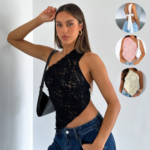 Ins Lace Backless Top Summer Solid Color Waistless Asymmetrical Sloped Neck Vest Streetwear Womens Clothes - AccessoryWorldHub