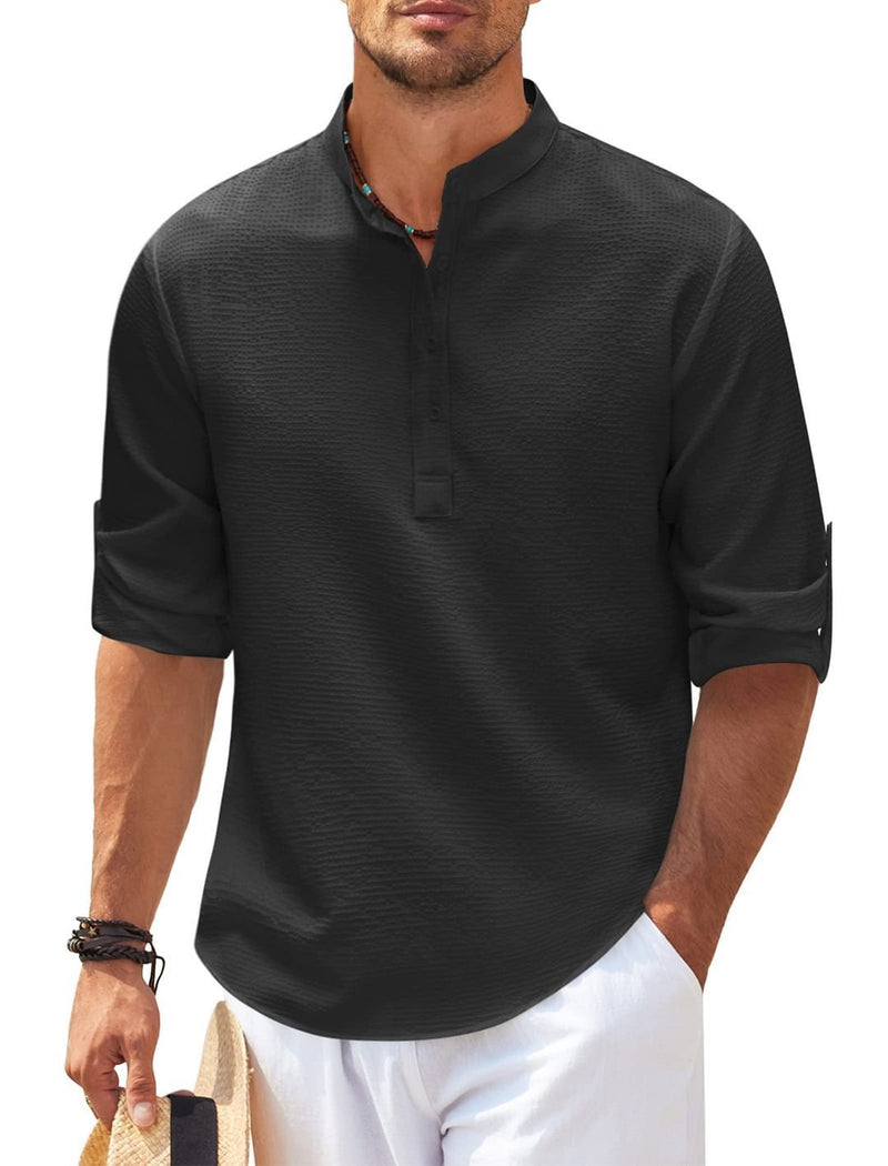 Men's Casual Shirt  Long Sleeve Stand Collar Solid Color Shirt Mens Clothing - AccessoryWorldHub