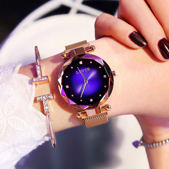 Rose Gold Women Watches Fashion Diamond Ladies Starry Sky Magnet Watch Waterproof Female Wristwatch - AccessoryWorldHub