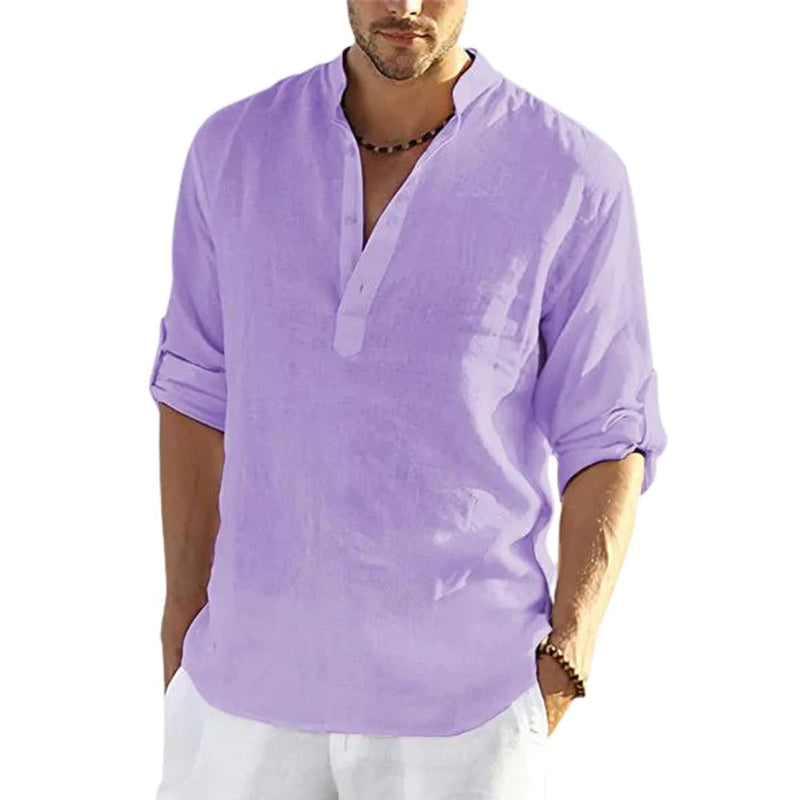 Men's Casual Cotton Linen Solid Color Long Sleeve Shirt Loose Stand Collar - AccessoryWorldHub