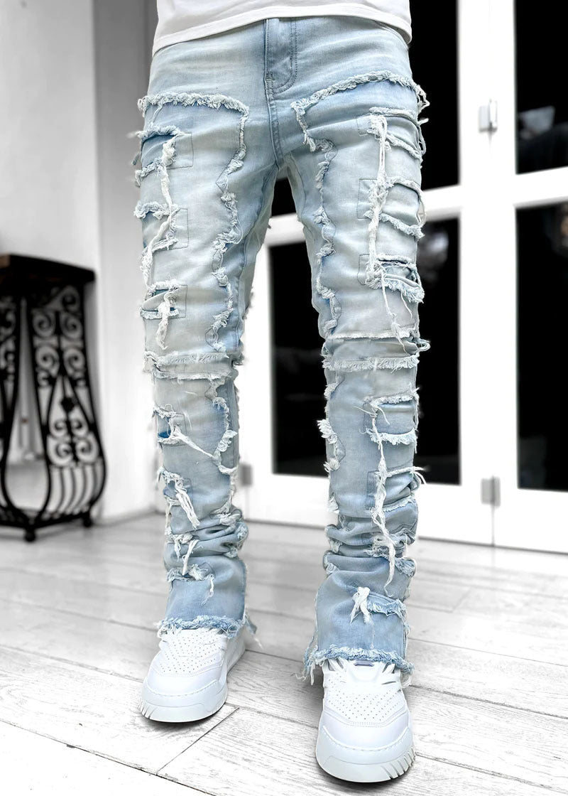 Men Trousers Individual Patched Pants Long Tight Fit Stacked Jeans For Mens Clothing - AccessoryWorldHub