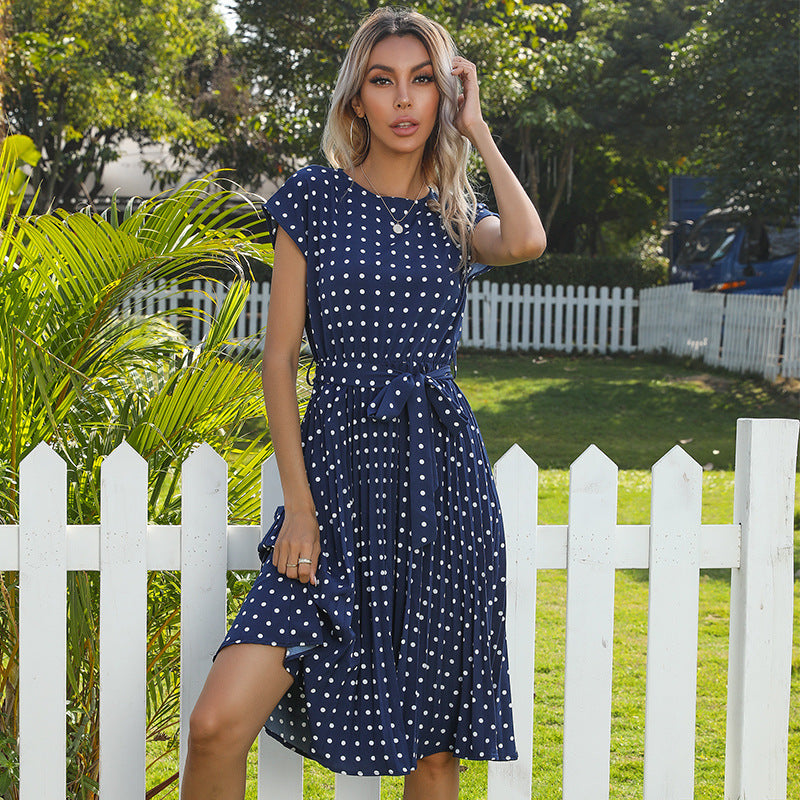 Summer Women Polka Dot Short Sleeve Dress Casual Bandage Party Pleated Midi Dresses Elegant Green Office Lady Clothing - AccessoryWorldHub