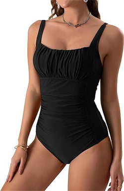 Sexy Square Neck One-piece Bikini Summer New Solid Color Pleated Design Swimsuit Beach Vacation Womens Clothing - AccessoryWorldHub