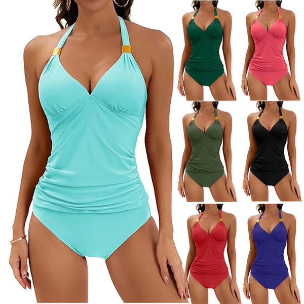 Women's Pure Color Halter Split Tie Two Piece Swimsuit - AccessoryWorldHub