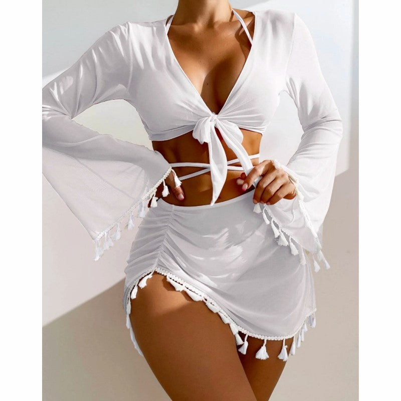 4pcs Solid Color Bikini With Short Skirt And Long Sleeve Cover-up Fashion Bow Tie Fringed Swimsuit Set Summer Beach Womens Clothing - AccessoryWorldHub