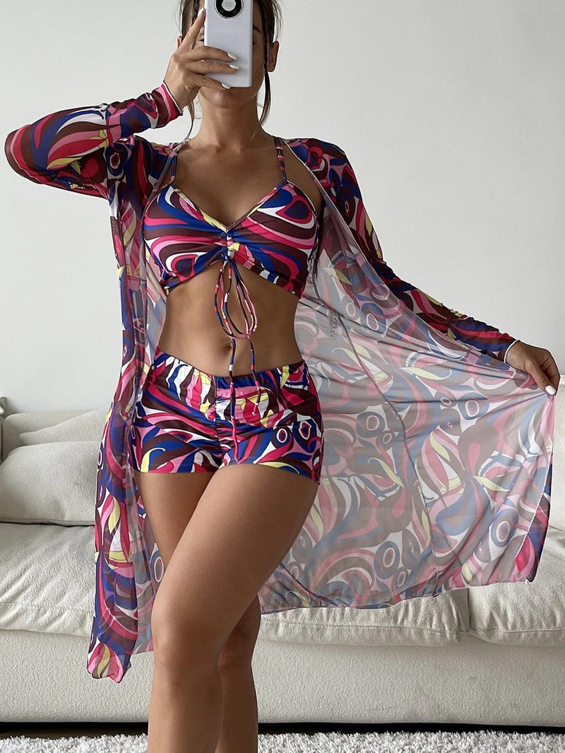 3pcs Pring Bikini With Long Sleeve Cardigan Fashion Summer Beach Swimsuit Women - AccessoryWorldHub