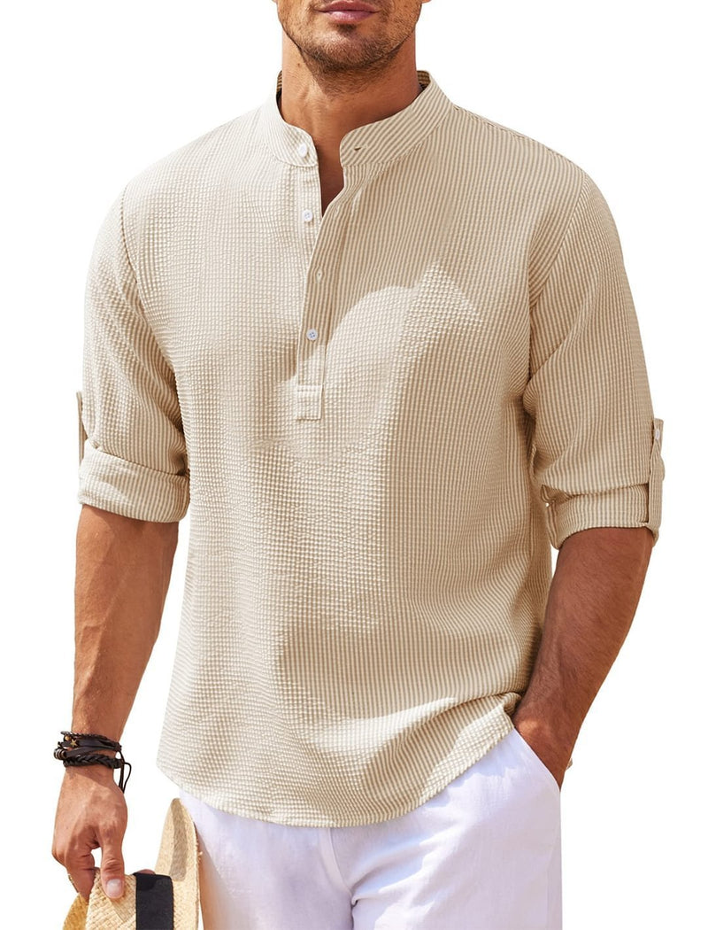 Men's Casual Shirt  Long Sleeve Stand Collar Solid Color Shirt Mens Clothing - AccessoryWorldHub