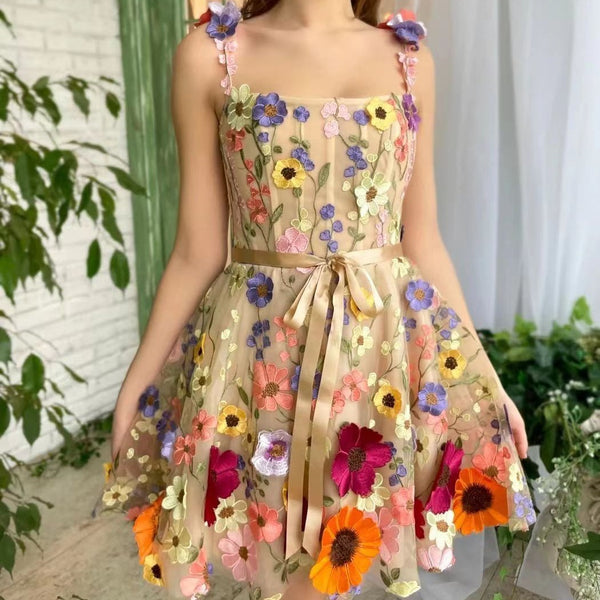 Three-dimensional Flower Embroidery Dress Summer Fashion Sweet A-line Suspender Dresses For Womens Clothing - AccessoryWorldHub