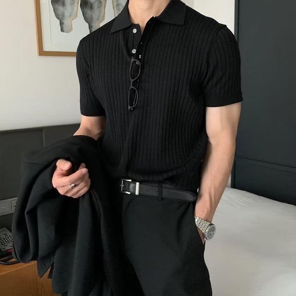 Lapel Polo Shirt Men's Fashion Brand Casual Summer Texture Solid Color Korean Style Knitwear Short Sleeve T-shirt - AccessoryWorldHub