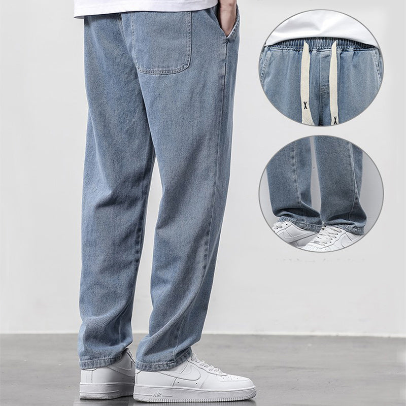 Summer Loose Wide Leg Jeans Pants Men Fashion Drawstring Elasticated Straight Trousers - AccessoryWorldHub