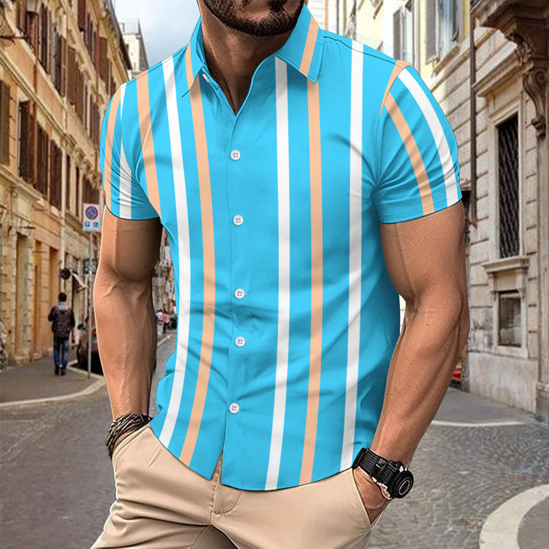 Casual Striped Printed Short Sleeve Shirt Summer Lapel Button Top Men's Clothing - AccessoryWorldHub