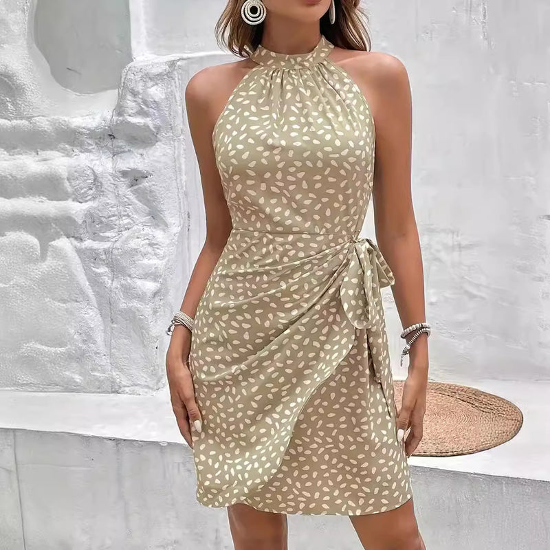 Summer Halterneck Printed Dress With Tied-waist Design Women's Shivering Dots Temperament Dress - AccessoryWorldHub