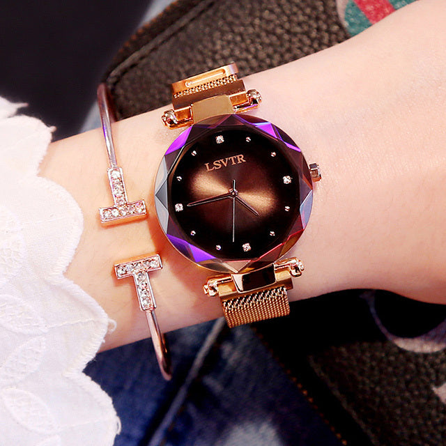 Rose Gold Women Watches Fashion Diamond Ladies Starry Sky Magnet Watch Waterproof Female Wristwatch - AccessoryWorldHub