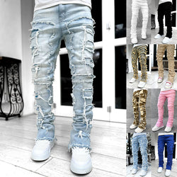 Men Trousers Individual Patched Pants Long Tight Fit Stacked Jeans For Mens Clothing - AccessoryWorldHub