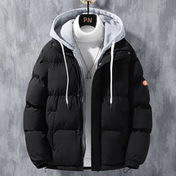 Fashion Hooded Jacket Men Winter Windproof Thickened Fake Two-piece Coat Solid Leisure Sports Cotton Jacket - AccessoryWorldHub