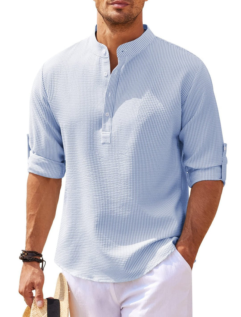 Men's Casual Shirt  Long Sleeve Stand Collar Solid Color Shirt Mens Clothing - AccessoryWorldHub