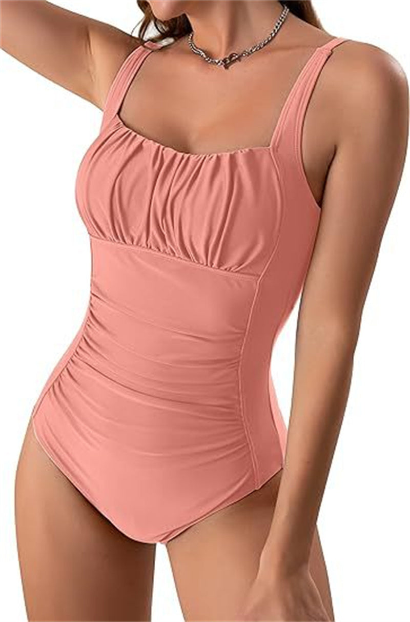 Sexy Square Neck One-piece Bikini Summer New Solid Color Pleated Design Swimsuit Beach Vacation Womens Clothing - AccessoryWorldHub