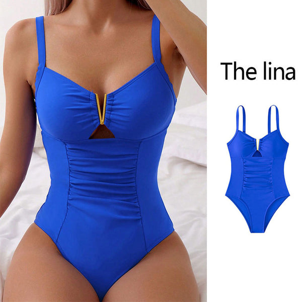 New V-neck Hollow One-piece Bikini Beach Fashion Pleated Belly Slimming Swimsuit Summer Womens Clothing - AccessoryWorldHub