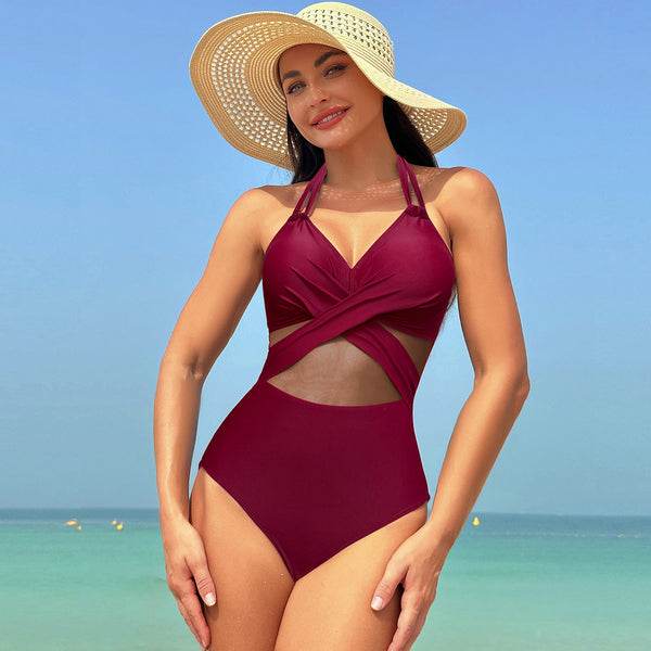 Halter-neck One-piece Swimsuit Summer Solid Color Cross-strap Design Mesh Bikini Beach Vacation Womens Clothing - AccessoryWorldHub