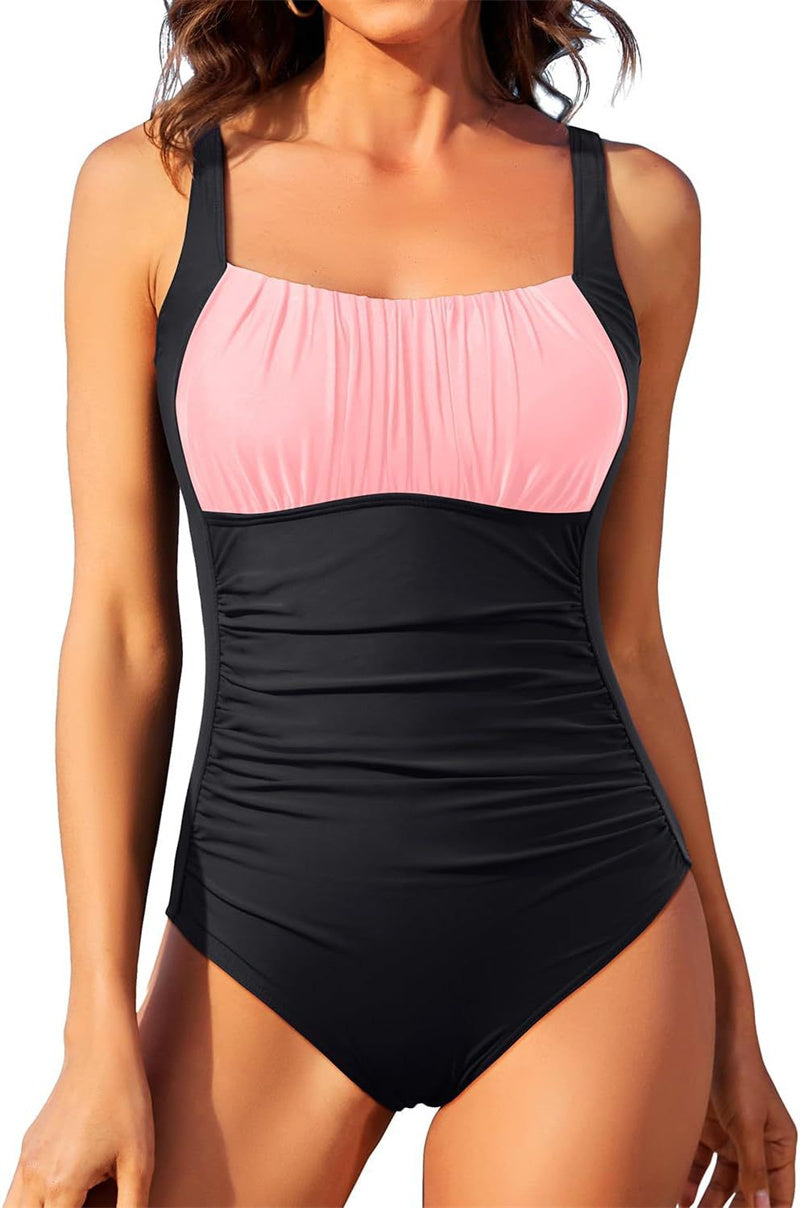 Sexy Square Neck One-piece Bikini Summer New Solid Color Pleated Design Swimsuit Beach Vacation Womens Clothing - AccessoryWorldHub