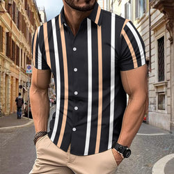 Casual Striped Printed Short Sleeve Shirt Summer Lapel Button Top Men's Clothing - AccessoryWorldHub