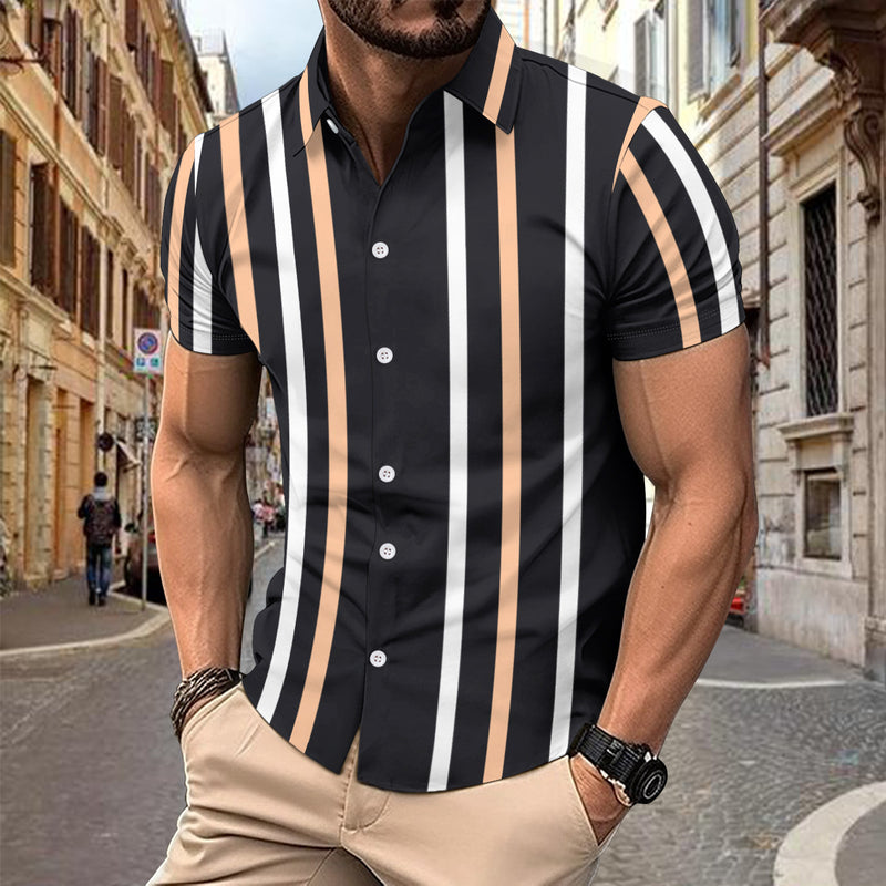 Casual Striped Printed Short Sleeve Shirt Summer Lapel Button Top Men's Clothing - AccessoryWorldHub