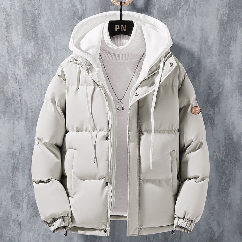 Fashion Hooded Jacket Men Winter Windproof Thickened Fake Two-piece Coat Solid Leisure Sports Cotton Jacket - AccessoryWorldHub