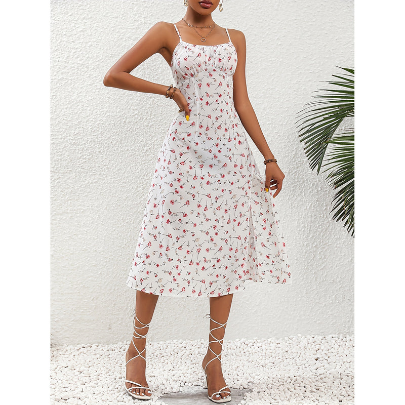 New Polka Dot Print Suspender Dress Summer Sexy Slit Long Dresses For Womens Clothing - AccessoryWorldHub