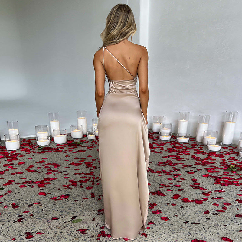 Sexy One-shoulder Backless Split Dress Summer Elegant Slim-fit Solid Color Satin Dresses For Women - AccessoryWorldHub