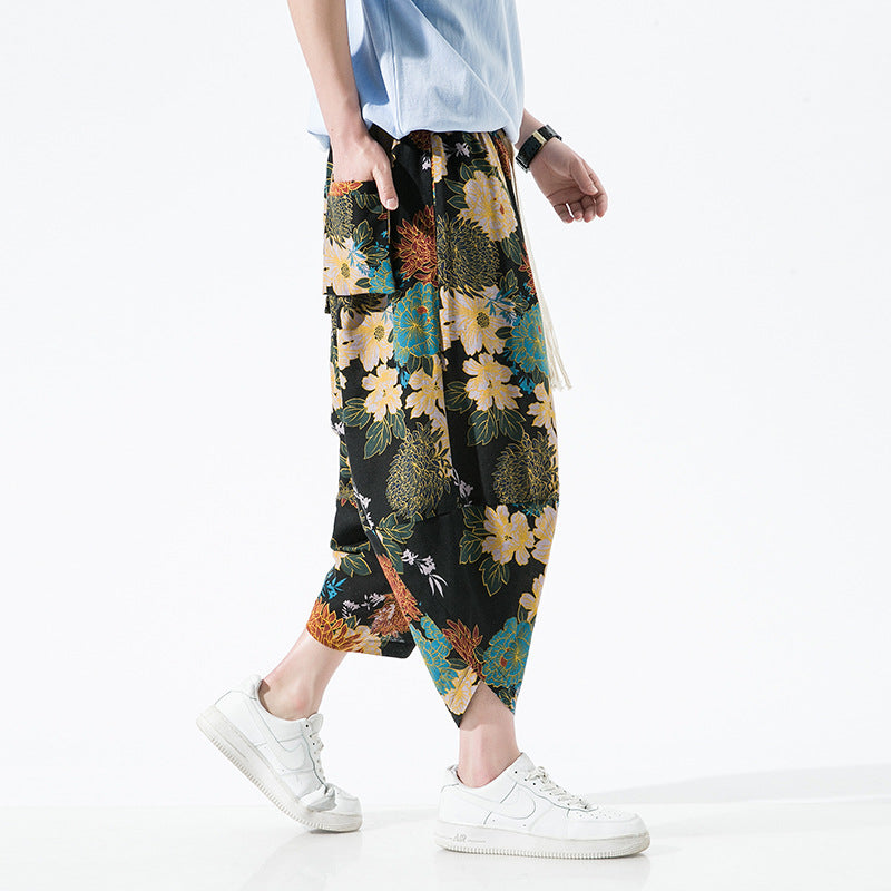 Ethnic Style Floral Lantern Cropped Pants For Men - AccessoryWorldHub