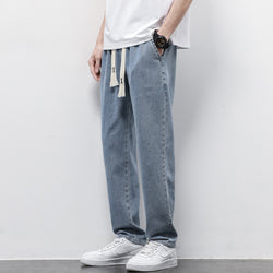 Summer Loose Wide Leg Jeans Pants Men Fashion Drawstring Elasticated Straight Trousers - AccessoryWorldHub