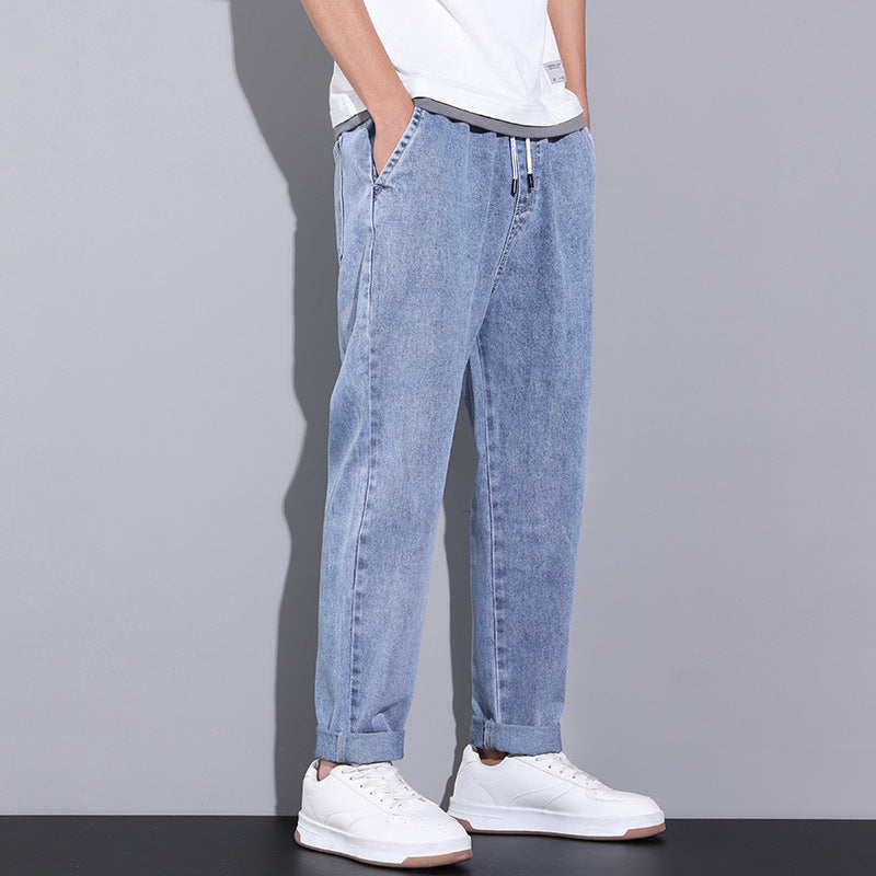 Summer Loose Wide Leg Jeans Pants Men Fashion Drawstring Elasticated Straight Trousers - AccessoryWorldHub