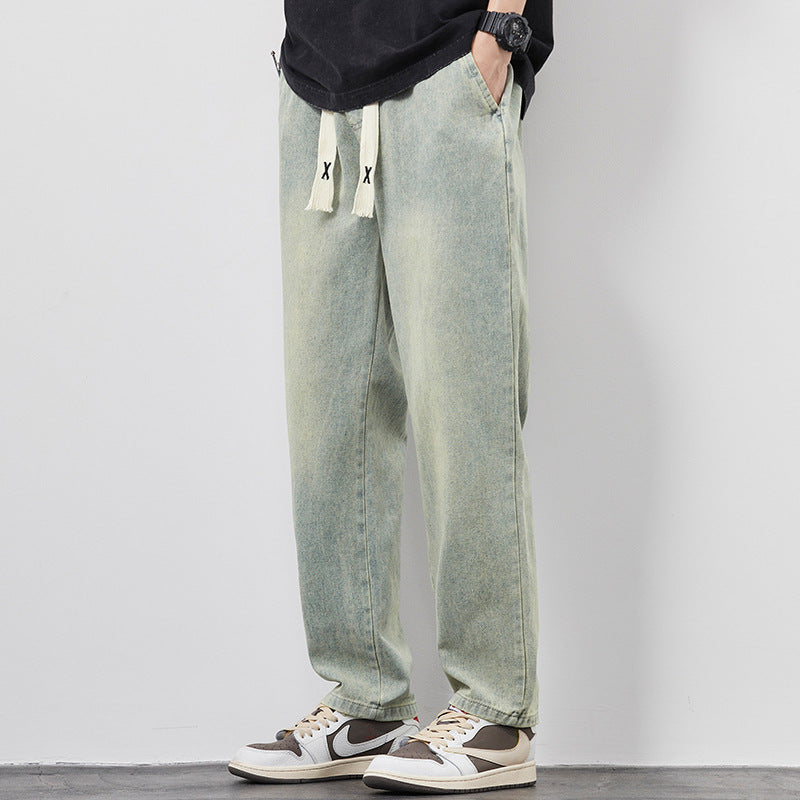 Summer Loose Wide Leg Jeans Pants Men Fashion Drawstring Elasticated Straight Trousers - AccessoryWorldHub