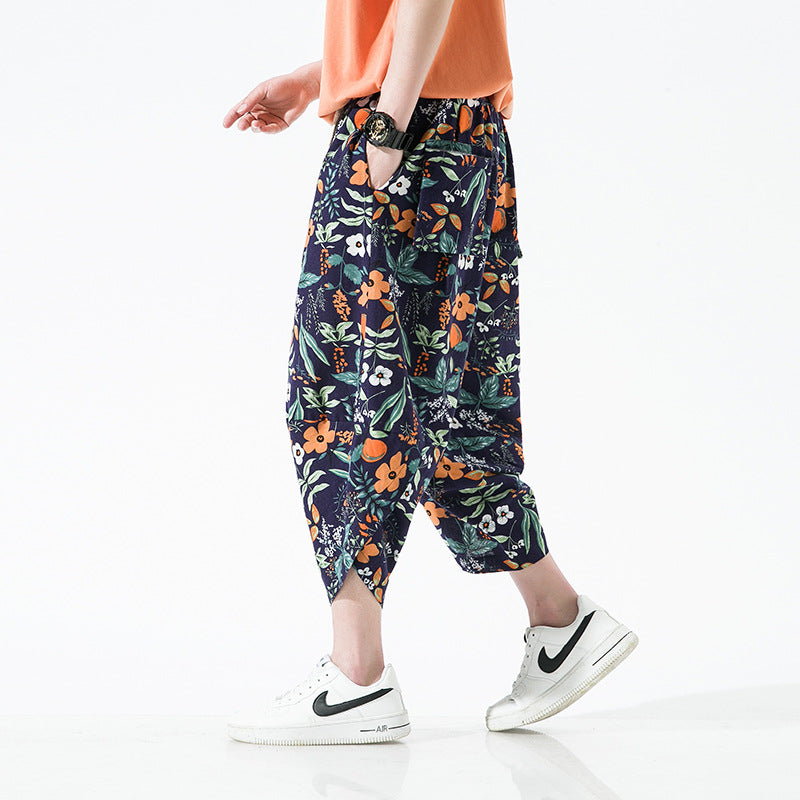 Ethnic Style Floral Lantern Cropped Pants For Men - AccessoryWorldHub