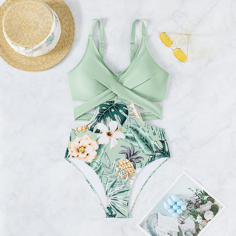 Printed Hollow Out Tied One-piece Bikini - AccessoryWorldHub