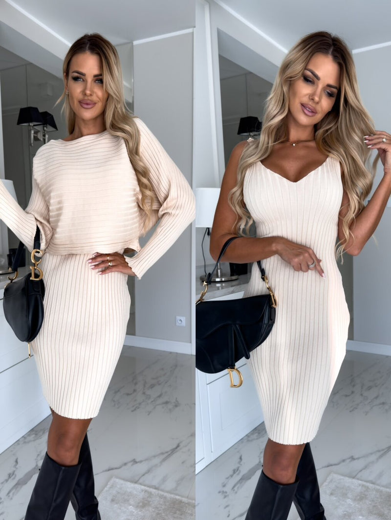 2pcs Suit Women's Solid Stripe Long-sleeved Top And Tight Suspender Skirt Fashion Autumn Winter Slim Clothing - AccessoryWorldHub