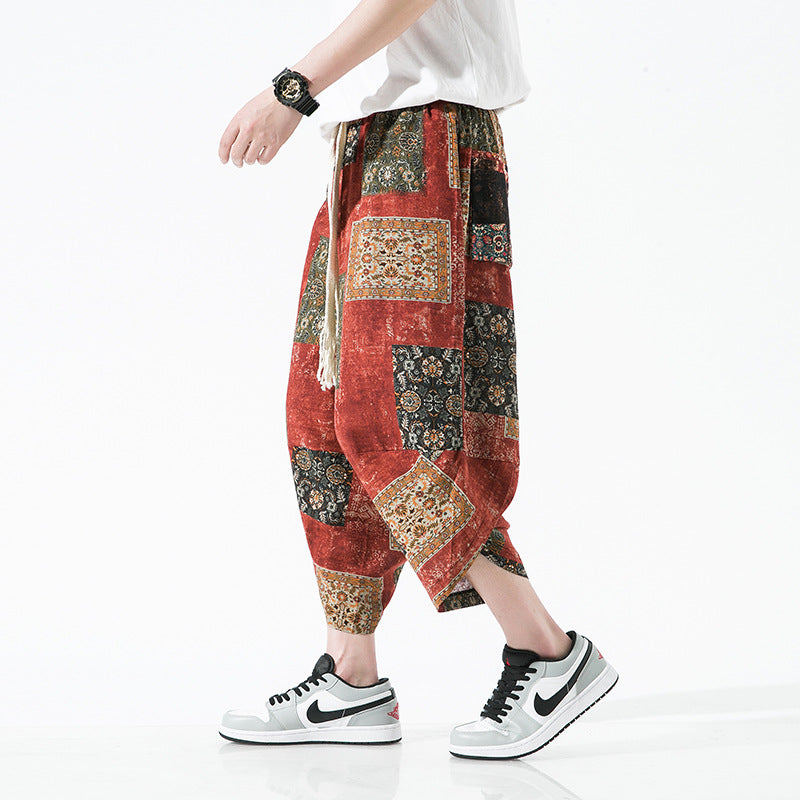 Ethnic Style Floral Lantern Cropped Pants For Men - AccessoryWorldHub