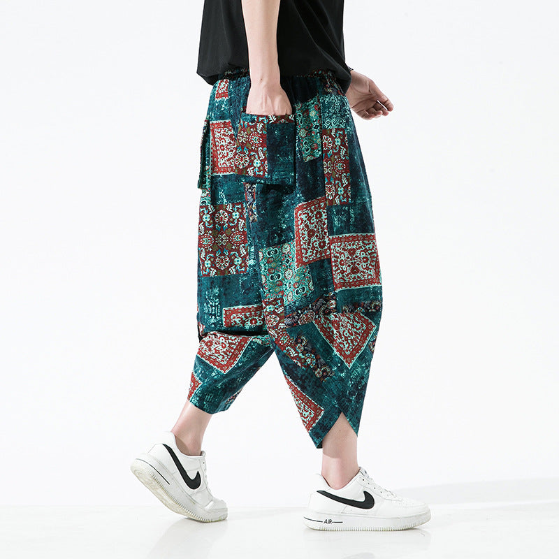 Ethnic Style Floral Lantern Cropped Pants For Men - AccessoryWorldHub