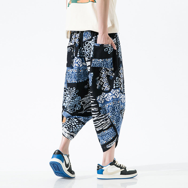 Ethnic Style Floral Lantern Cropped Pants For Men - AccessoryWorldHub