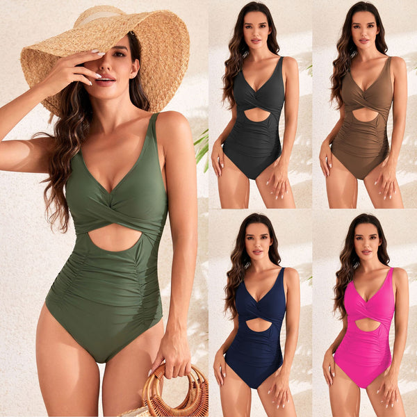 Solid Color Cross Pack Pleating High Waist Swimsuit - AccessoryWorldHub