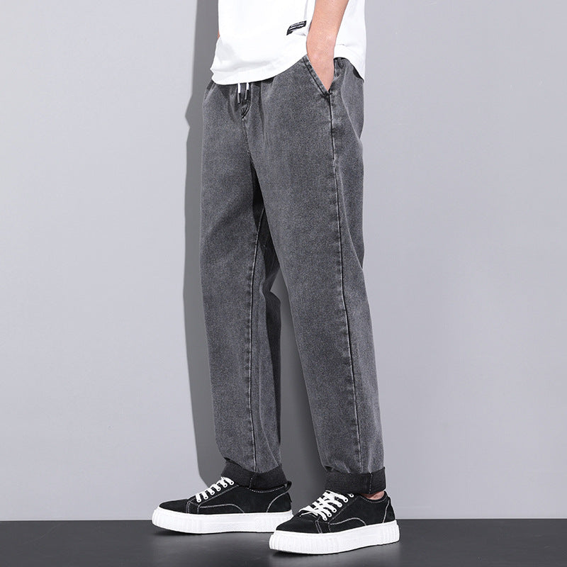 Summer Loose Wide Leg Jeans Pants Men Fashion Drawstring Elasticated Straight Trousers - AccessoryWorldHub