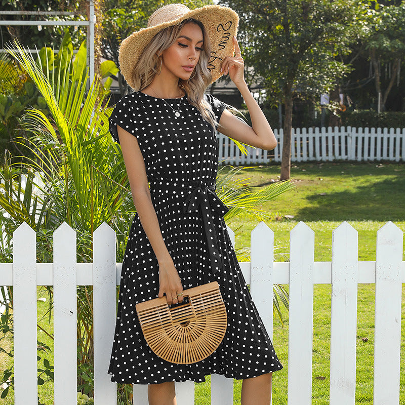 Summer Women Polka Dot Short Sleeve Dress Casual Bandage Party Pleated Midi Dresses Elegant Green Office Lady Clothing - AccessoryWorldHub