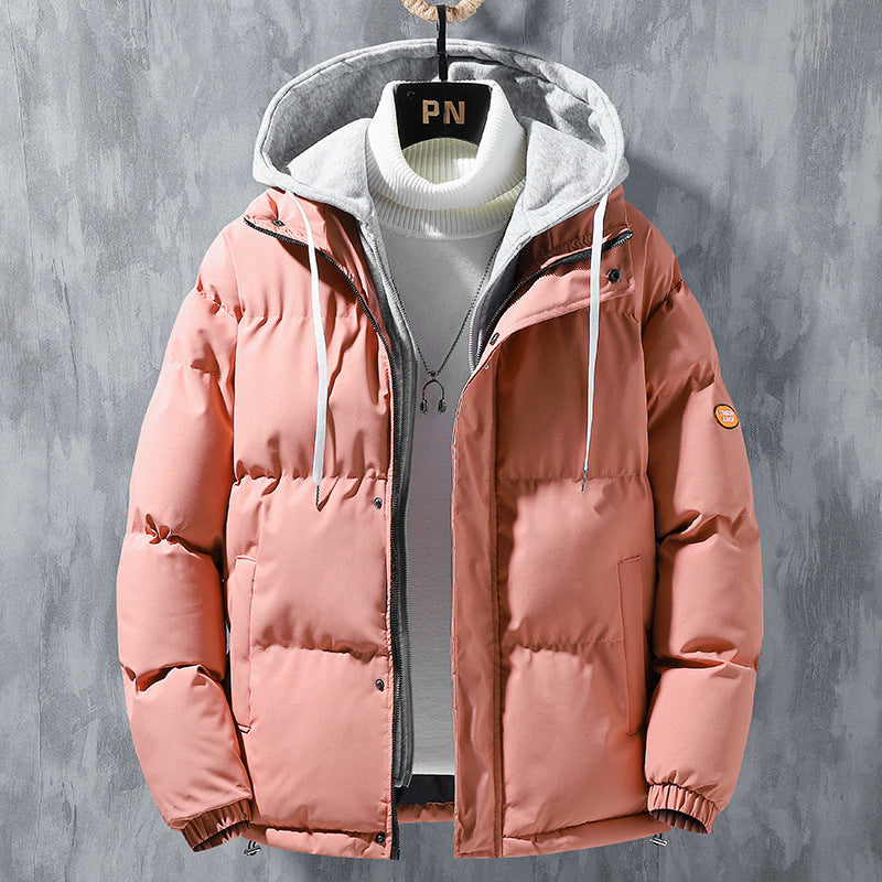 Fashion Hooded Jacket Men Winter Windproof Thickened Fake Two-piece Coat Solid Leisure Sports Cotton Jacket - AccessoryWorldHub