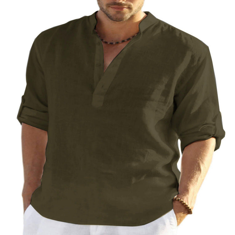 Men's Casual Cotton Linen Solid Color Long Sleeve Shirt Loose Stand Collar - AccessoryWorldHub